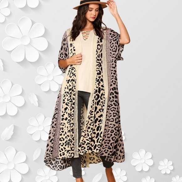 Gigi O Long Animal Print and Lace Kimono - Picture 1 of 8